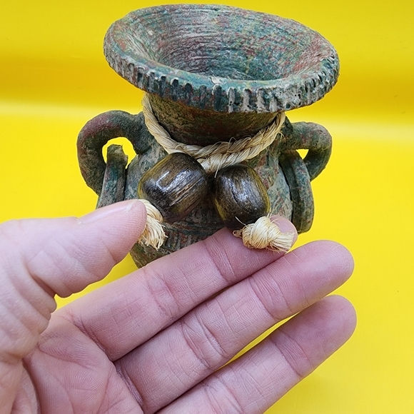 Primitive Rustic Clay Pottery Pot Double Handled Rings 4 Inch - Picture 7 of 8